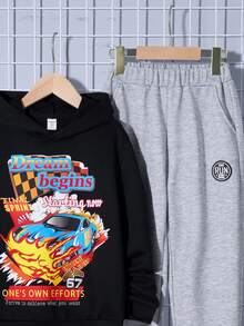 SHEIN Tween Boy Car & Letter Graphic Hoodie & Sweatpants - Black - View 3