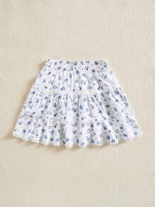 Soleia 碎花鏤空蕾絲花邊荷葉邊半身裙 - 藍白色 - 查看 3