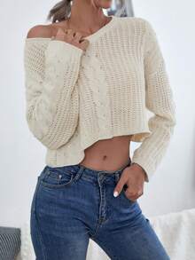 SHEIN Frenchy 女士休閒寬鬆下垂肩毛衣 - 杏色 - 查看 5