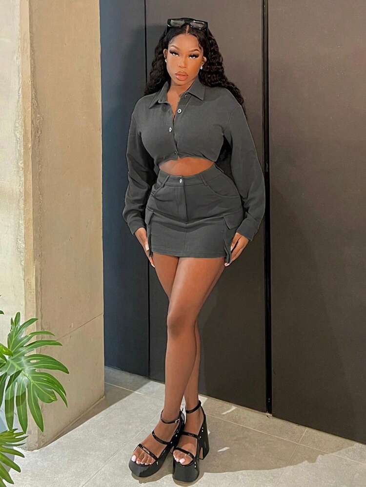 Button Front Crop Shirt & Flap Pocket Skirt
