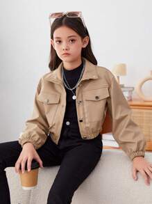 SHEIN 青少女擺蓋口袋pu皮夾克 - 卡其色 - 查看 4