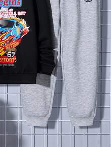 SHEIN Tween Boy Car & Letter Graphic Hoodie & Sweatpants - Black - View 4