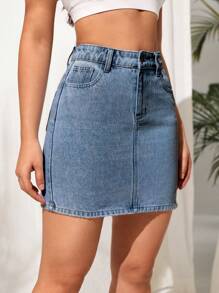 SHEIN Essnce High Waist Denim Skirt - Light Wash - View 6