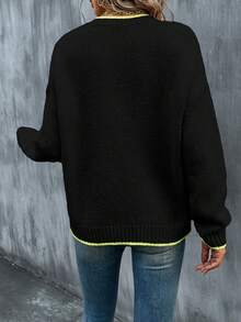 SHEIN LUNE Thả vai Áo len Với Khối màu Và Edging - màu đen - Xem 2