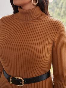 SHEIN Frenchy 加大碼修身高領毛衣裙,無腰帶 - 卡其色 - 查看 6