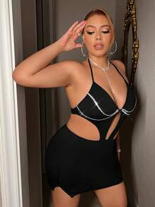 SHEIN ICON Slim Fit Plus Size Halter V-Neck Dress With Diamond Chain Decoration - Black - View 3