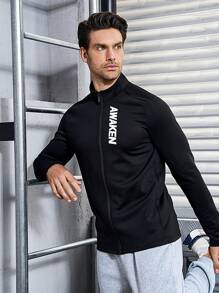 Manfinity Sport Corelite 男式字母印花运动夹克 运动上衣 运动夹克 - 黑色 - 查看 5