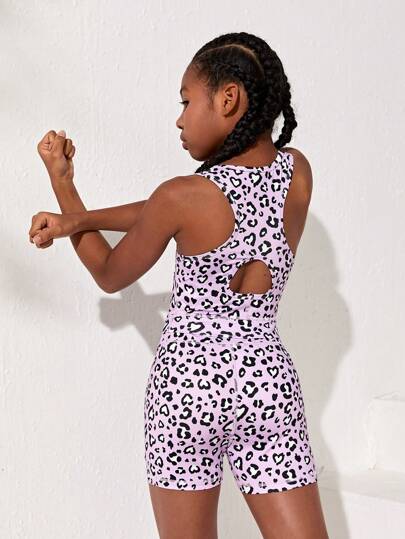 SHEIN Tween Girl Leopard Knit Hollow Back Sports Tank Top And Shorts, 2pcs/Set