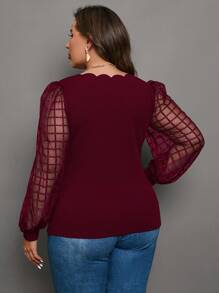 SHEIN Clasi Plus Contrast Mesh Scallop Trim Lantern Sleeve Top - Burgundy - View 2