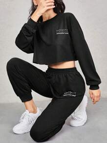 SHEIN EZwear Conjunto de sudadera con capucha y pantalones de chándal con gráfico de letra y hombros caídos