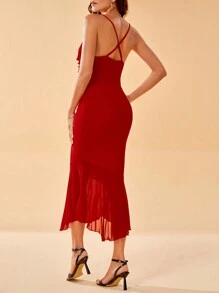 SHEIN Tall 魚尾裙邊吊帶連身裙 - 紅色 - 查看 2