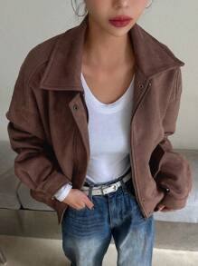 Dazy Star 女式下肩拉鍊開合針織外套 - 棕色 - 查看 1