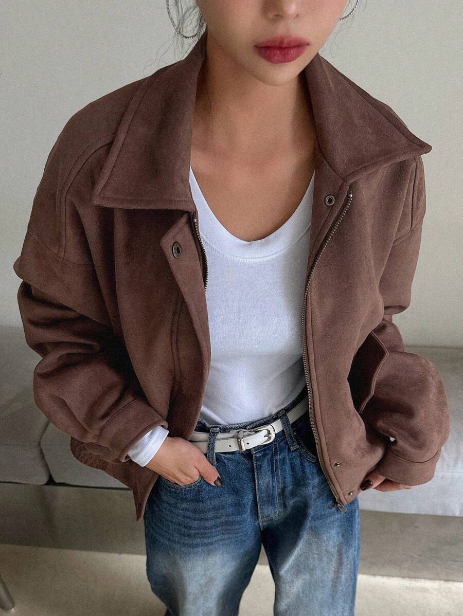 Dazy Star 女式下肩拉鍊開合針織外套 - 棕色 - 查看 1