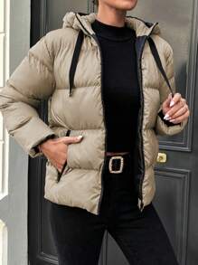 RueChic Women'S Hooded Drawstring Padded Jacket - Beige - View 5