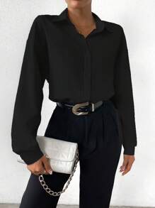 SHEIN Privé Solid Color Button Front Bodysuit - Black - View 3