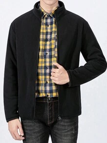 Chaqueta de forro polar de unicolor casual para hombres, versátil para otoño/invierno - Negro - Ver 3