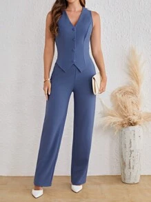 SHEIN Tall Women's Sleeveless Suit Set In Fall/Winter - Dusty Blue - View 1