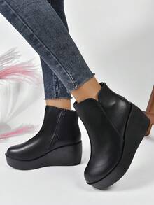 新品到貨女性柔軟的&舒服的時髦黑色坡跟跟厚下裝踝靴和短靴 - 黑色 - 查看 6