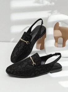 Black Lace Fashionable Women's Shoes With Square Toe And Metal Buckle For Slimming Look