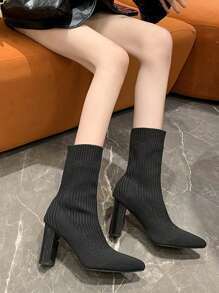 女性黑色針織長筒襪靴子,粗跟尖頭及膝美式短靴,有彈性減肥鞋適用於日常穿著和時尚 - 黑色 - 查看 4