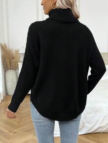 SHEIN LUNE Áo cao cổ Tay Raglan Curved Hem Áo len - màu đen - Xem 2