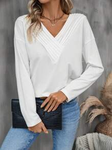 SHEIN LUNE V領長袖上衣 - 白色 - 查看 1