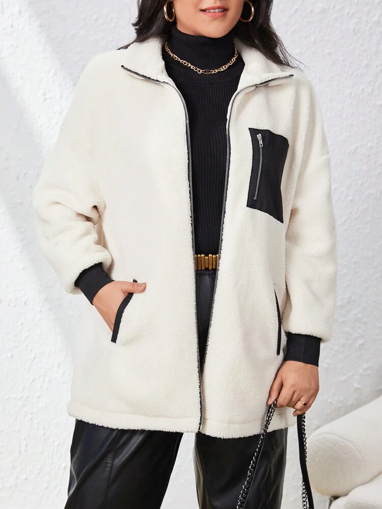 Plus Contrast Panel Drop Shoulder Teddy Coat