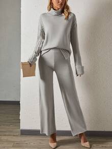 SHEIN Essnce 高領落肩毛衣和針織褲 - 灰色 - 查看 3