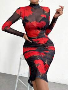 SHEIN Privé Floral Print Mock Neck Ruched Mesh Bodycon Dress Without Lingerie Set - Multicolor - View 6