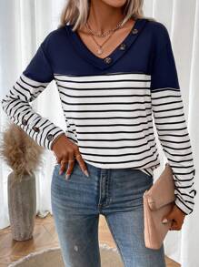 SHEIN LUNE 條紋印花紐扣細節T恤 - 藏蓝色 - 查看 5