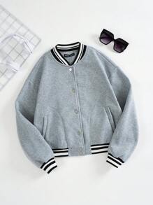 SHEIN EZwear 條紋飾邊落肩袖飛行員夾克 - 淺灰色 - 查看 1