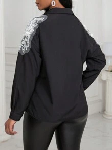 Zolique Women's Black Button-Down Shirt With Pearl Decoration Fall Cloth For Women - Black - View 2
