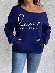 Calvaya Hơn Đồ họa trái tim & khẩu hiệu Túi kangaroo Thả vai Áo nỉ - Xanh đậm - Xem 7