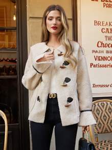 SHEIN Frenchy 翻領牛角扣設計毛皮一體大衣 - 白色 - 查看 5