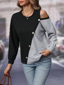 SHEIN LUNE Khối màu Chi tiết Nút Áo thun - màu đen - Xem 4