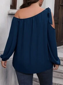 SHEIN LUNE Plus Asymmetrical Neck Knot Shoulder Lantern Sleeve Blouse - Navy Blue - View 2