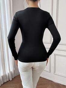 SHEIN Privé Ngọc trai đính cườm Đồ đan Ribbed Áo thun - màu đen - Xem 2