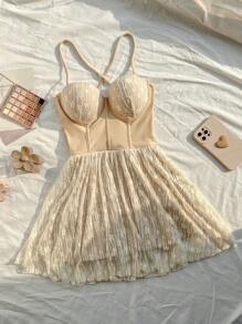 DAZY Cami Lace Spliced One-Piece Swimsuit With Backless Tie Summer,Beach Women Outfits Luxury - Camel - View 3