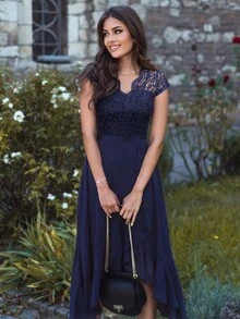 MIUSOL Bridesmaid Dress With Lace Ruffle Hem And Asymmetrical Hemline - Navy Blue - View 9