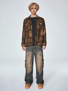 ROMWE MEN Street Life Men's Washed Vintage Workwear Jacket With Pockets, Single-Breasted - Multicolor - View 2