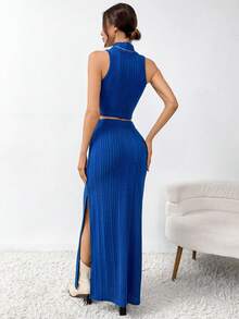 SHEIN Essnce 女款純色無袖立領上衣開叉下擺長裙2件套 - 藍色 - 查看 3