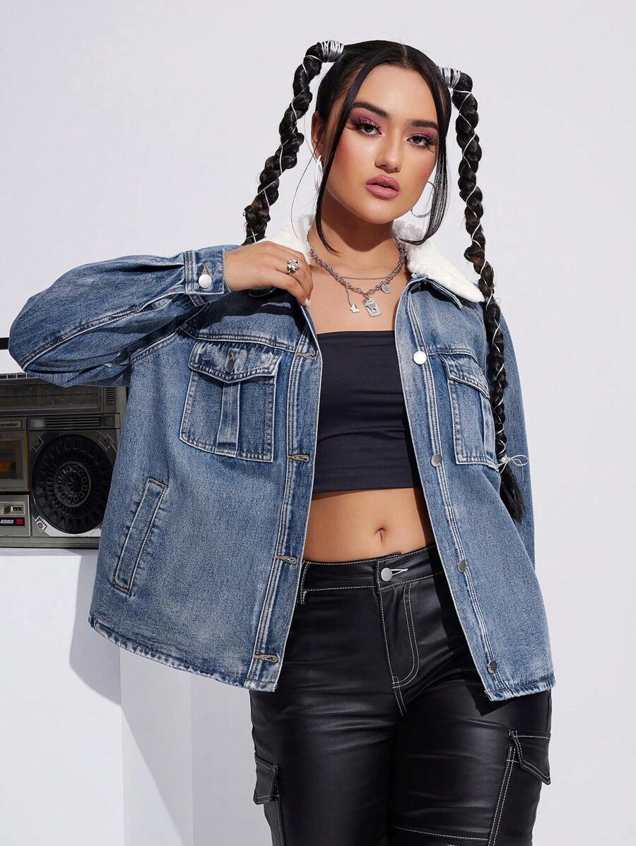 SHEIN EZwear 拼布抓絨領帶蓋口袋紐帶牛仔夾克 - 中等水洗藍 - 查看 1