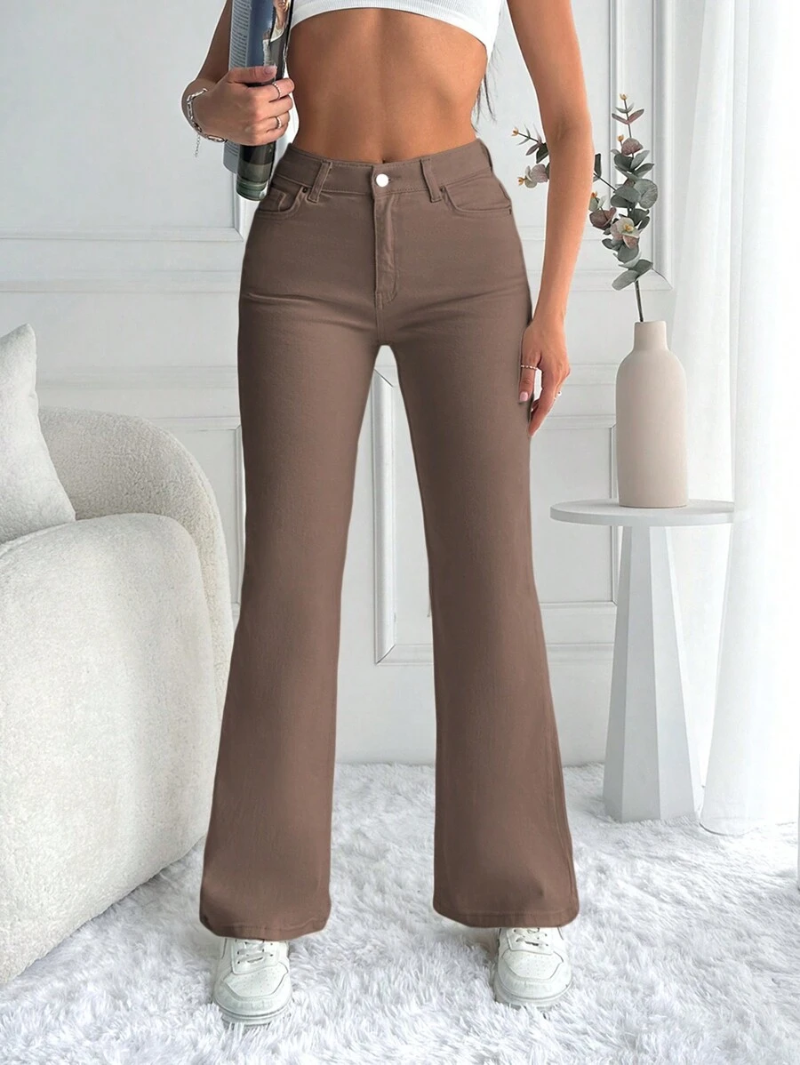 Cottnline Solid Flare Leg Jeans - Brown - View 1