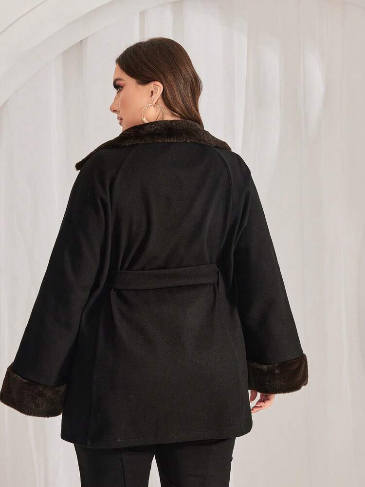 Plus Size Coat With Raglan Sleeve, Plush Collar & Waist Belt