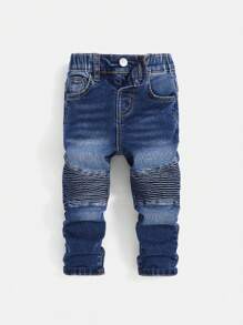 SHEIN Young Boy 1pc Elastic Waistband Ruched Jeans - Dark Wash - View 1