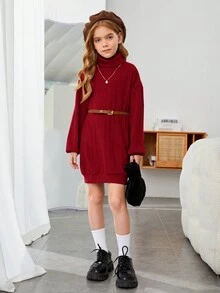 SHEIN 女大童高領落肩袖洋裝不附腰帶 - 酒紅色 - 查看 3