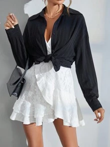 SHEIN Essnce Thả vai Nút phía trước Áo sơ mi - màu đen - Xem 5