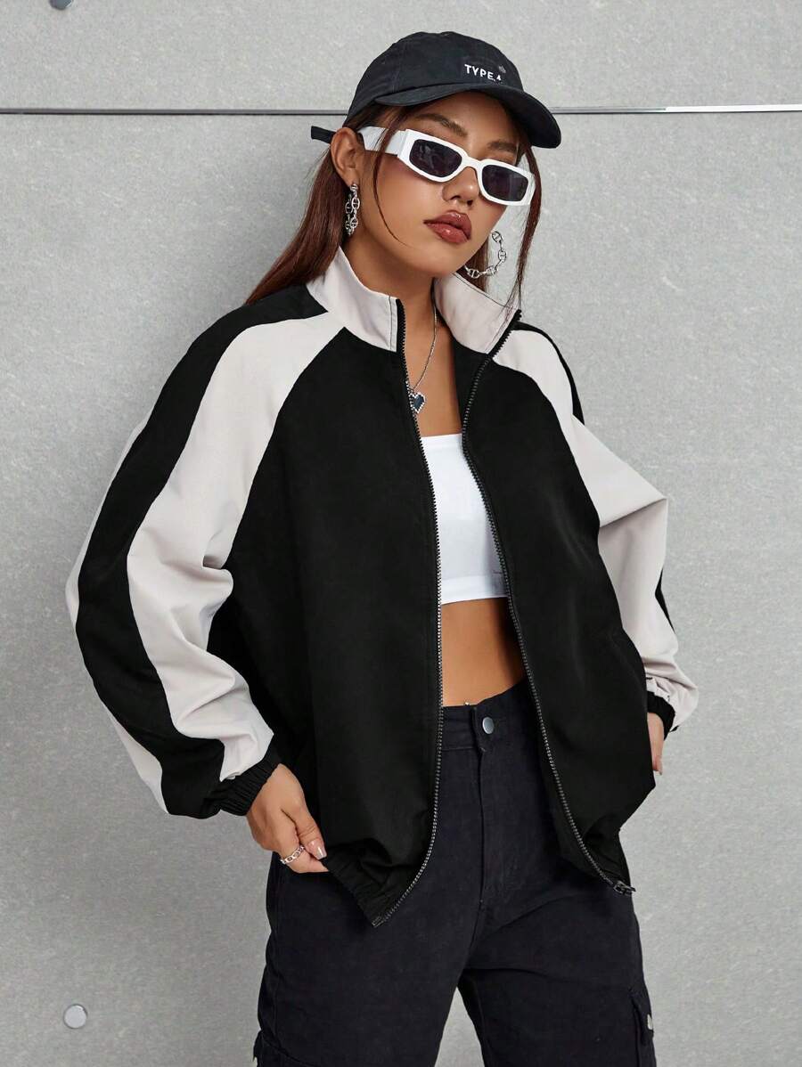 Flirla Color Blocking Zipper Front Raglan Sleeve Jacket Fall Winter Cloth For Women