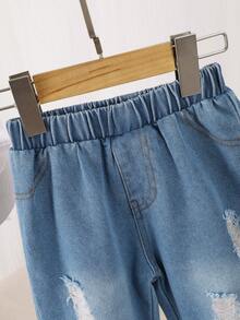 Chàng trai trẻ Kẻ sọc tương phản In Chi tiết Patched thư Áo sơ mi & Quần jean rách - Nhiều màu - Xem 8