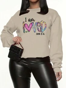 INAWLY 大碼愛心和標語圖案落肩袖運動衫